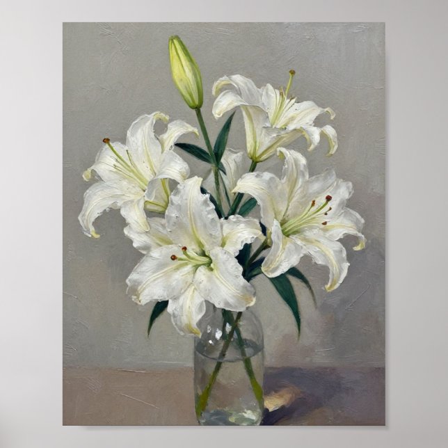 Affiche Sérénité en fleurs : Lys blancs à l'impasto dans u (Devant)