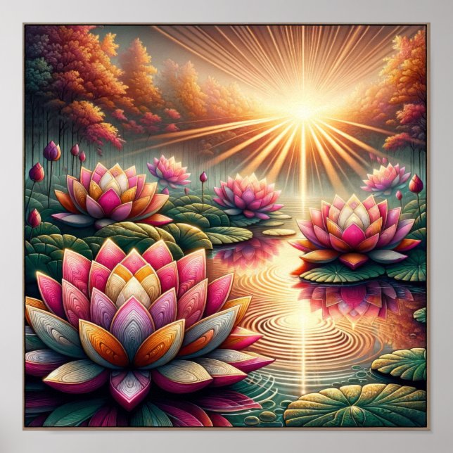 Affiche Sérénité lumineuse : Les fleurs de lotus à l'aube (Devant)