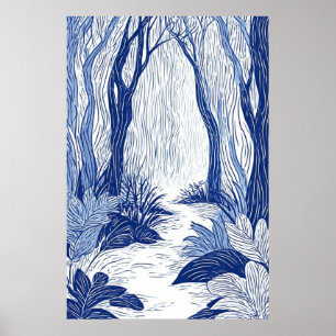 Affiche Sérénité Woodland Path : Blue Line Art Forest