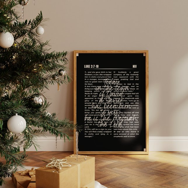 Affiche Série de Noël Mur de crèches Imprimer (The artwork, leaning against a neutral-colored wall, reads scripture from Luke 2:8-18 in black text.)