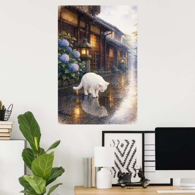 Affiche series_2_9｜Kyoto Puddle Reflection White Cat Art (Bureau à domicile)