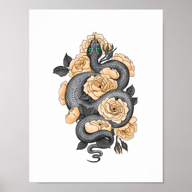 Affiche Serpent et roses jaunes (Devant)