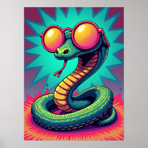 Affiche Serpent pop art avec des lunettes arc-en-ciel rétr