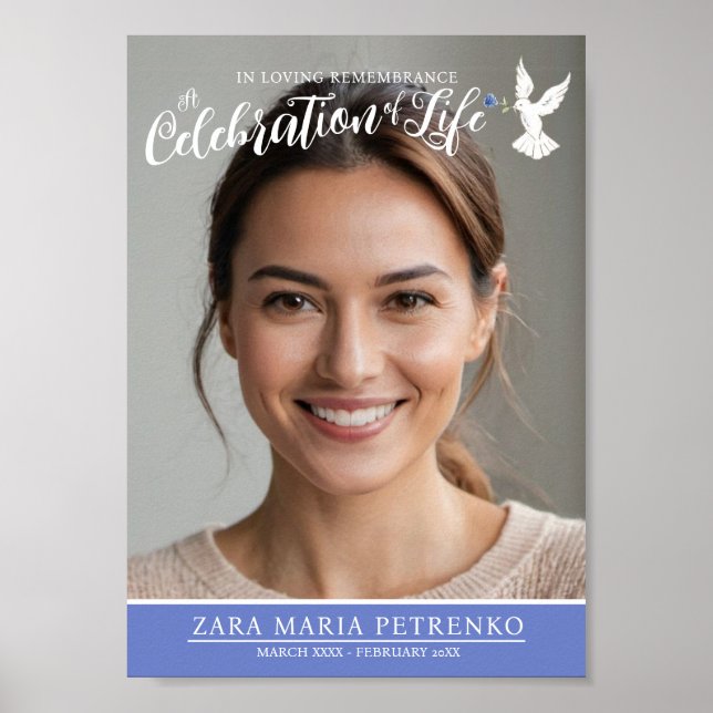 Affiche Service commémoratif funérailles colombe bleu phot (Devant)