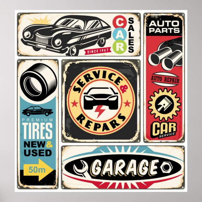 Affiche Service de voiture et réparation rétro panneaux de (Devant)