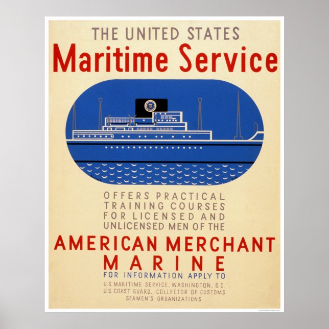 Affiche Service maritime - Vue latérale du navire - WPA (Devant)
