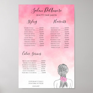 Affiche Service Menu Girl avec aquarelle rose tresse