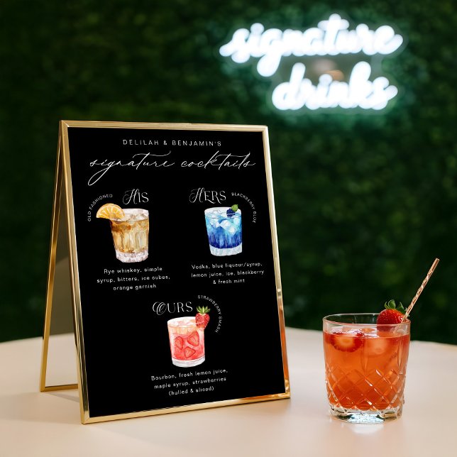Affiche Ses Ours Notre Aquarelle Signature Cocktails Menu (His Hers Our Watercolor Signature Cocktails Menu Poster)