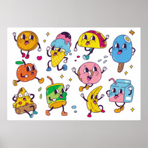 Affiche Set of food and drink in retro cartoon style illus