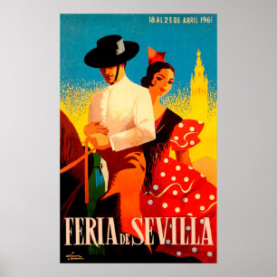 Affiche Séville, Espagne, couple à cheval, voyage vintage