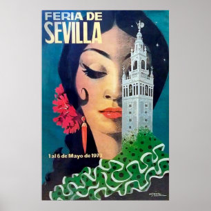 Affiche Séville, tour de la ville et femme aux cheveux noi