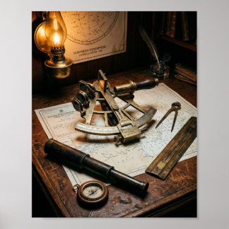 Affiche Sextant en laiton antique & bureau de navigation n
