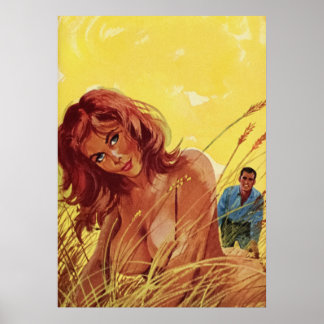 Affiche Sexy Girl In The Field - Vintage Pulp Cover Print