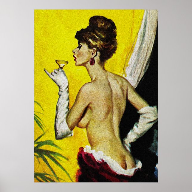 Affiche Sexy Lady Boire Vin Retro Pousse Couverture Art (Devant)