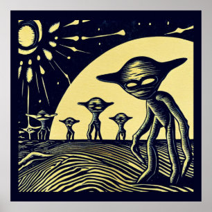 Affiche SF - Aliens sur une planète étrange coupe de bois