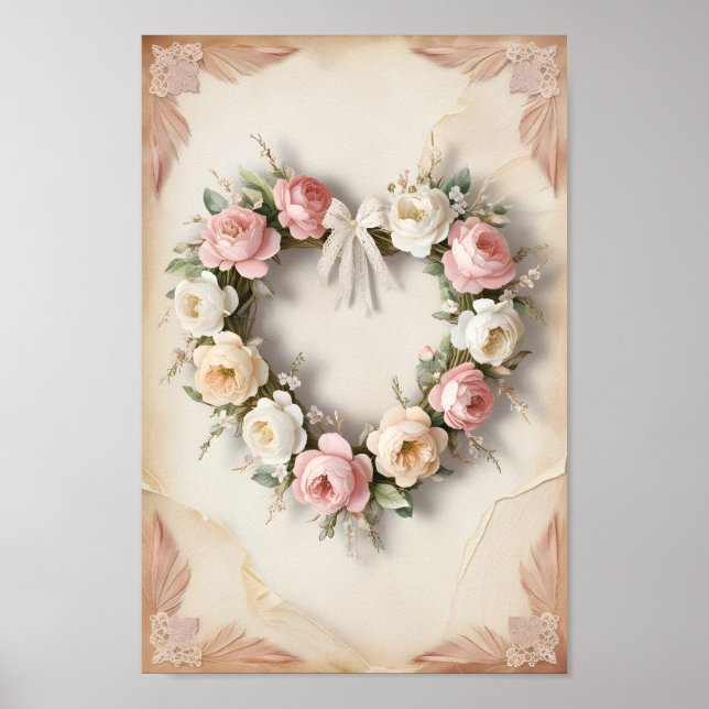 Affiche Shabby Chic Rose Heart Wreath Valentine's Wall Art (Devant)