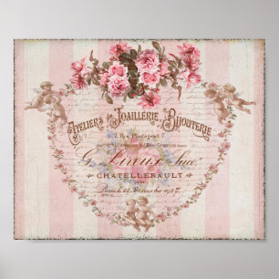 Affiche Shabby Chic Rose Roses Cupidons French Script Post