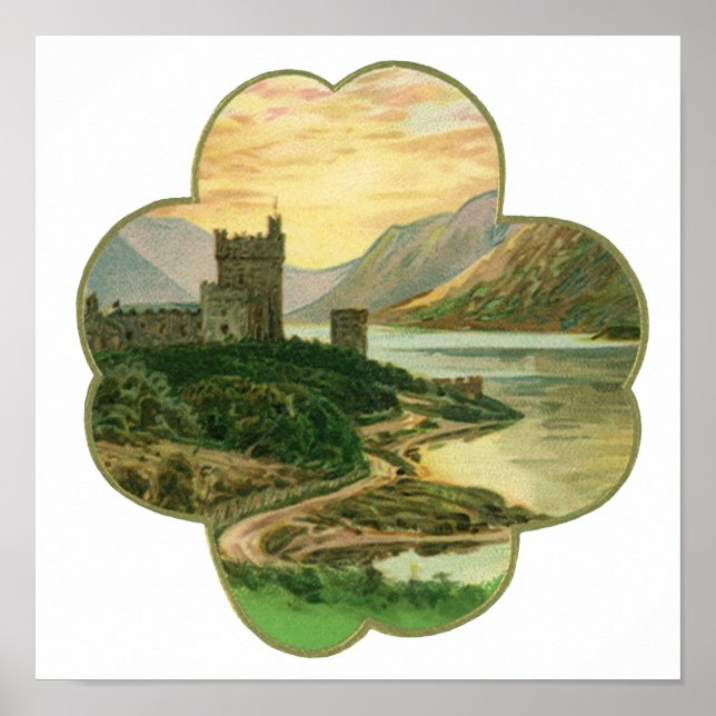 Affiche Shamrock vintage Lucky Gold avec château irlandais (Devant)
