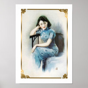 Affiche Shanghai Beauté Flapper bleu robe