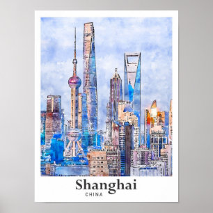Affiche Shanghai Chine Aquarelle Sketch Dessin Main