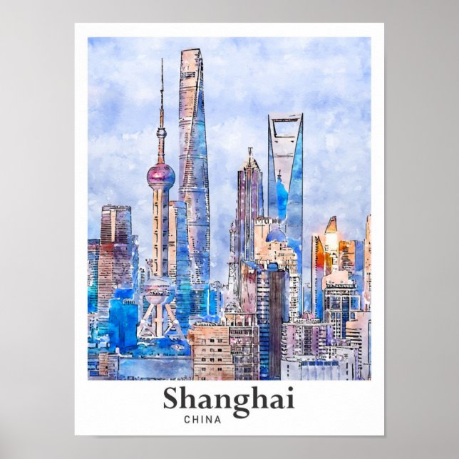 Affiche Shanghai Chine Aquarelle Sketch Dessin Main (Devant)