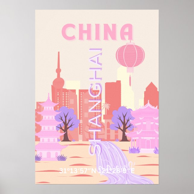 Affiche Shanghai Chine Pastel Voyage Art (Devant)