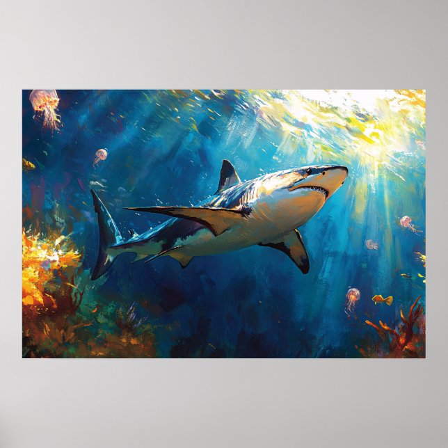 Affiche Shark Underwater Surrounded by Jellyfish (Devant)