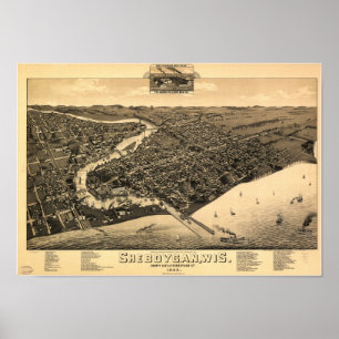 Affiche Sheboygan WI 1885 Carte panoramique antique