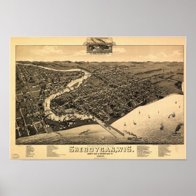 Affiche Sheboygan WI 1885 Carte panoramique antique (Devant)