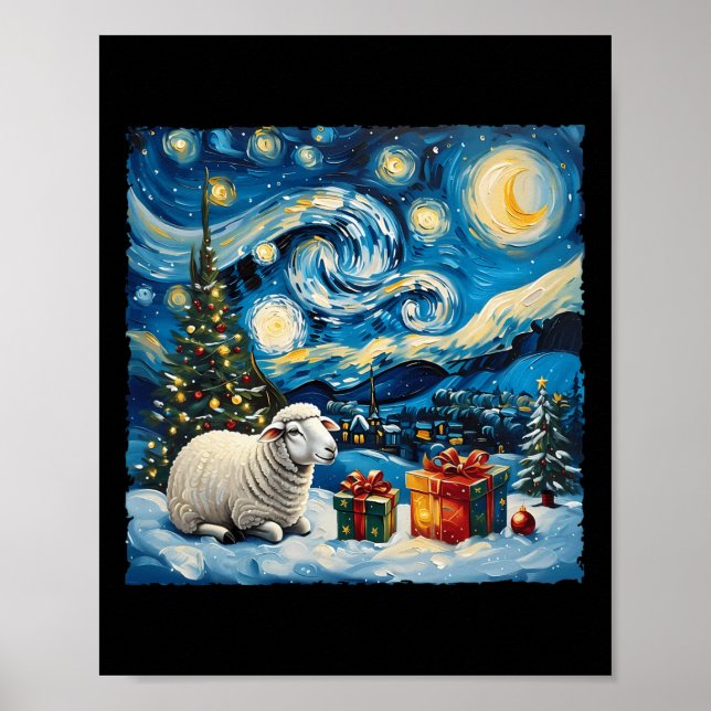 Affiche Sheep Van Gogh Style Nuit étoilée Noël hiver (Devant)