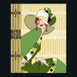 Affiche Shelby, 1920s Art Deco Lady in Yellow and Olive<br><div class="desc">Shelby is seated in front of and next to a beautiful set of art deco ironwork fences. She wears a simple hat, pulled down over one eye, and a colorful dress and jacket with matching jewelry.</div>