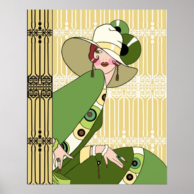 Affiche Shelby, 1920s Art Deco Lady in Yellow and Olive (Devant)