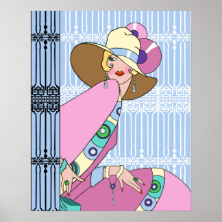 Affiche Shelby, Dame des années 1920 en bleu et rose