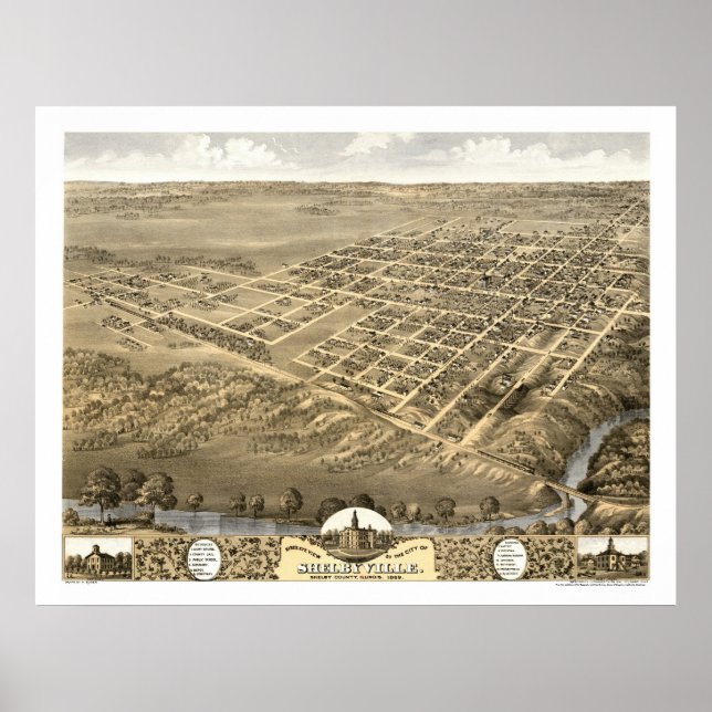 Affiche Shelbyville, IL Carte panoramique - 1869 (Devant)