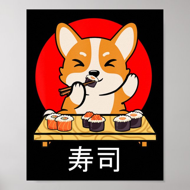Affiche Shiba Inu mange Sushi Kawaii Neko Cadeau Anime (Devant)