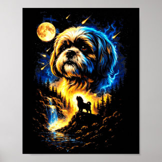 Affiche Shih tzu hurlant à la lune vintage 90 drôle de chi