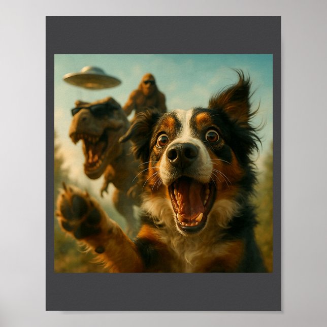 Affiche Shocked Australian Shepherd Dog T-rex Bigfoot Ufo  (Devant)