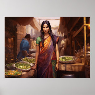 Affiche Shopping dans un marché indien peinture à l'huile