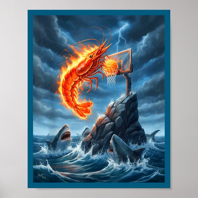 Affiche Shrimp Dunking On Shark Funny Fishing Meme Basketb (Devant)