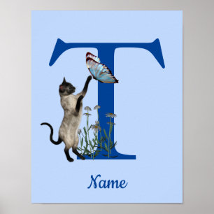 Affiche Siamese Papillon de chat Monogramme Initiale T Vot
