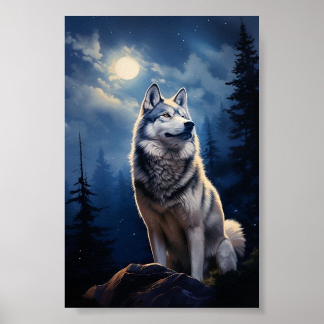 Affiche Siberian Husky dans une nuit illuminée par la lune (Devant)