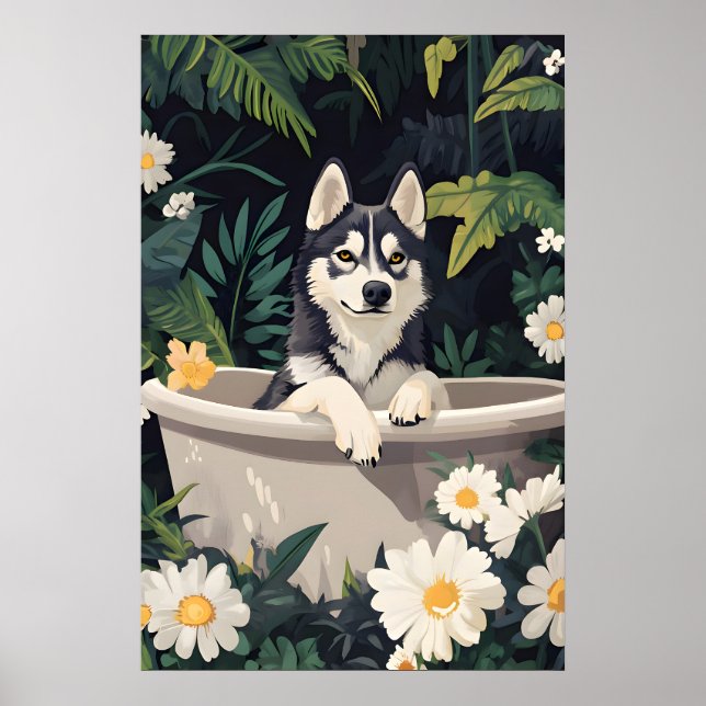 Affiche Siberian Husky In Bathtub Poster, Funny Dog (Devant)
