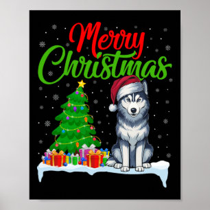 Affiche Sibérie Husky Chien Noël Arbre Lumière Fantastique