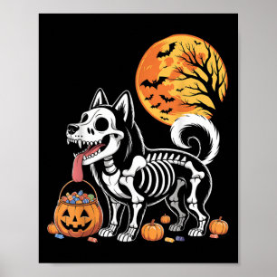 Affiche Sibérie Husky Chien Skeleton Y Citrouille Moon Hal