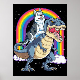 Affiche Sibérie Husky Riding Dinosaur Rex Cadeaux Garçons