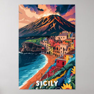 Affiche Sicile Italie Vintage voyage d'art Illustration
