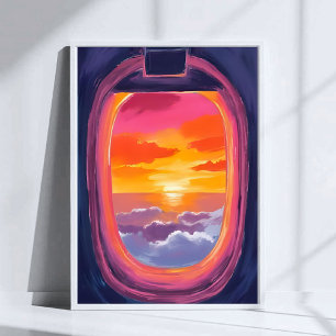 Affiche Siège Fenêtre Coucher de Soleil Avion Voyage Peint