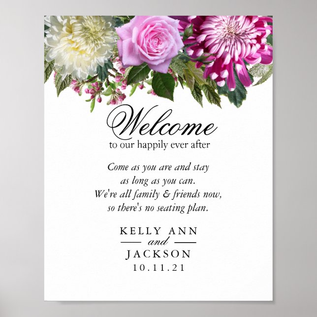 Affiche Siège Mariage De Bienvenue - Jolies Fleurs Roses (Devant)