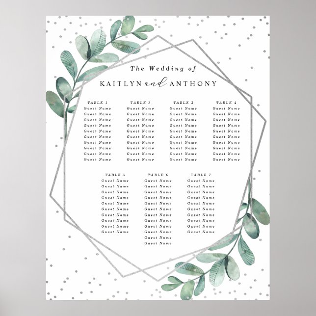 Affiche Siège Mariage Eucalyptus Géométrique Argent (Devant)
