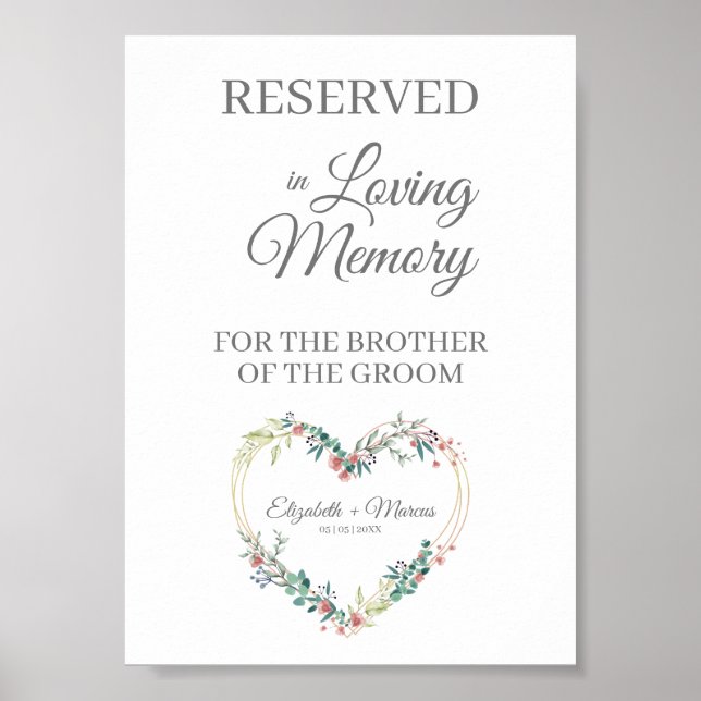 Affiche Siège réservé pour les proches de mariage Cœur flo (Devant)